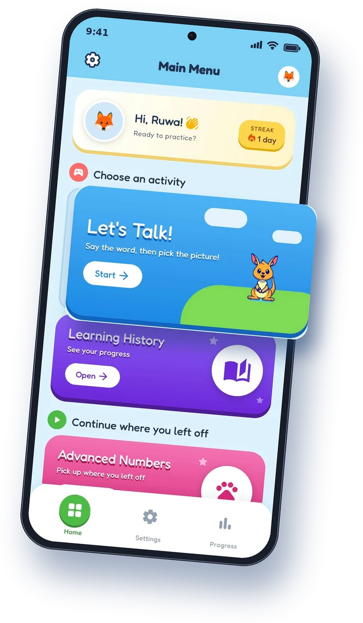 TALK-A-ROO app, main menu with the Let's Talk activity